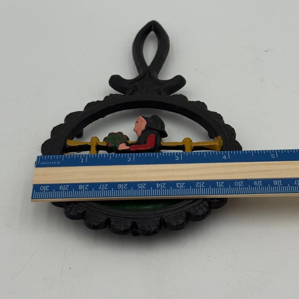 Vintage Cast Iron Trivet Hand Painted Amish Woman Folk Art Farmhouse Decor